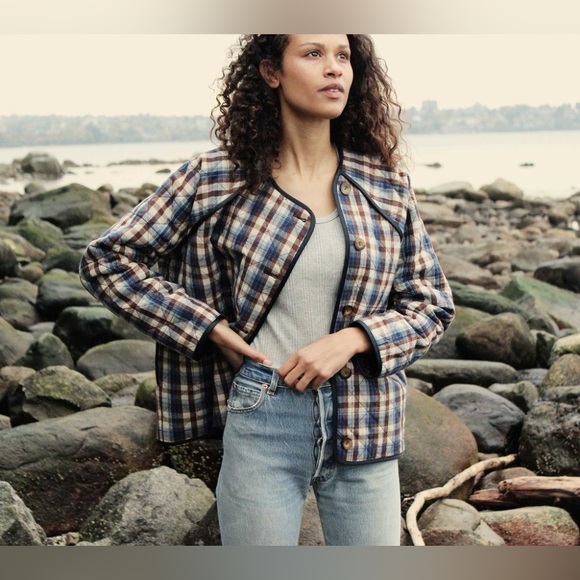 Doen Jackets & Blazers - Doen Sedona Quilted Wool Silk Jacket Belleville Plaid Blue Brown Small EUC